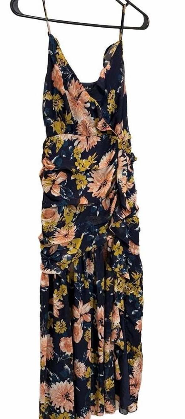 Lulus Size Small Navy Floral Ruched Ruffle Midi Maxi Dress Cottagecore Garden